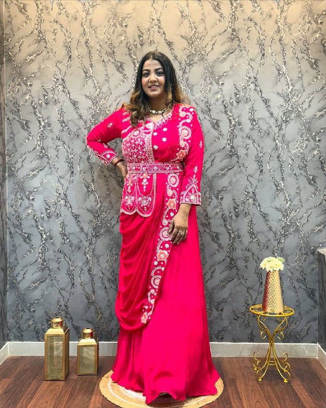 Party Wear Rangoli Silk Designer Gown with Embroidered Koti & Dupatta