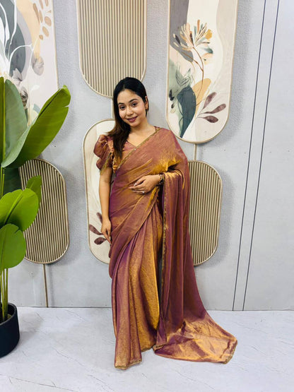 Two‑Tone Space Silk Gown Saree with Beads & Latkan Lace