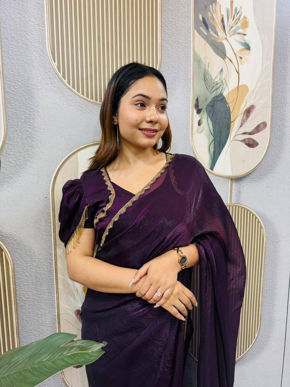Two‑Tone Space Silk Gown Saree with Beads & Latkan Lace
