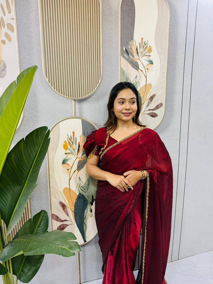 Two‑Tone Space Silk Gown Saree with Beads & Latkan Lace