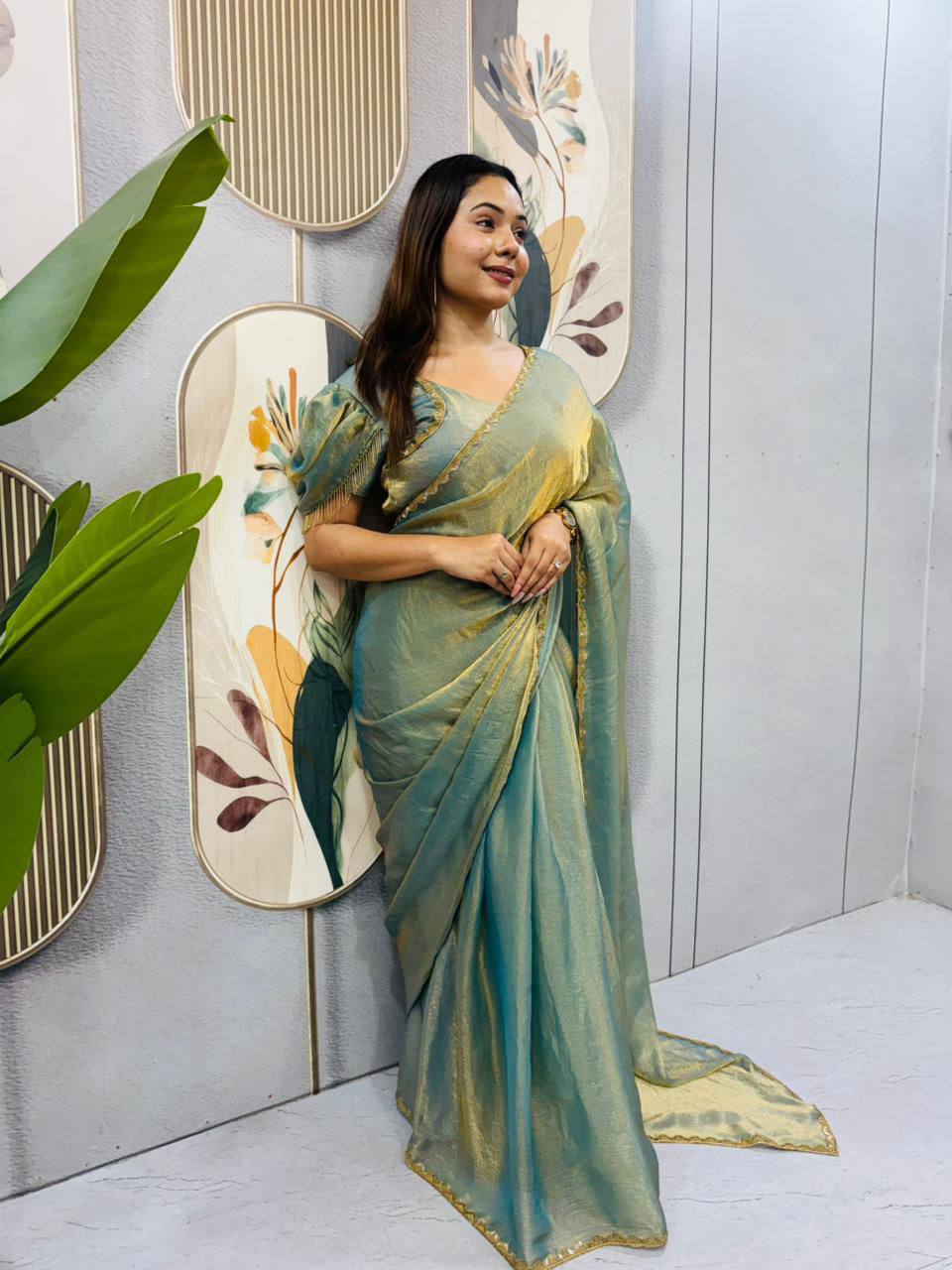 Two‑Tone Space Silk Gown Saree with Beads & Latkan Lace