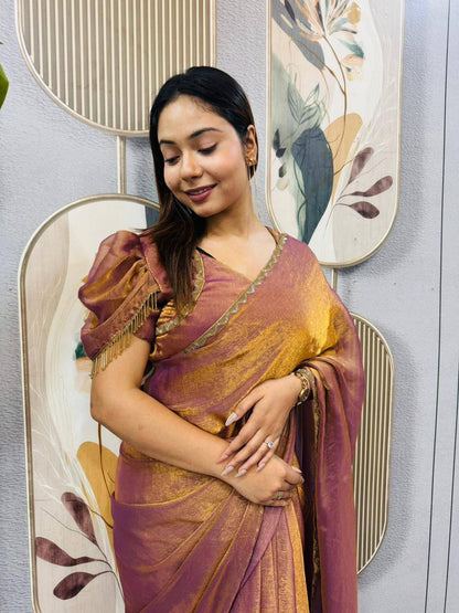 Two‑Tone Space Silk Gown Saree with Beads & Latkan Lace