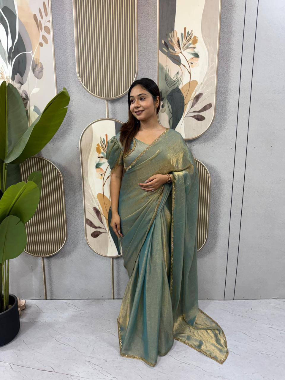 Two‑Tone Space Silk Gown Saree with Beads & Latkan Lace