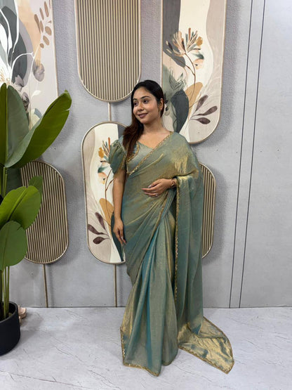Two‑Tone Space Silk Gown Saree with Beads & Latkan Lace