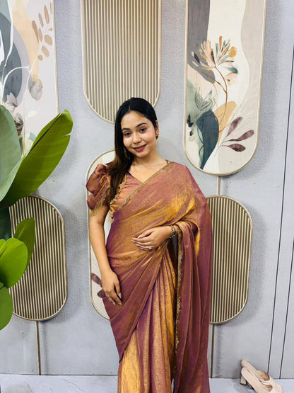 Two‑Tone Space Silk Gown Saree with Beads & Latkan Lace