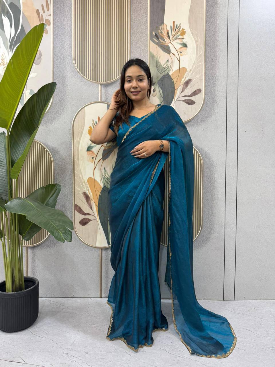 Two‑Tone Space Silk Gown Saree with Beads & Latkan Lace