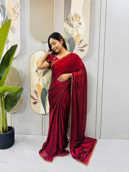Two‑Tone Space Silk Gown Saree with Beads & Latkan Lace