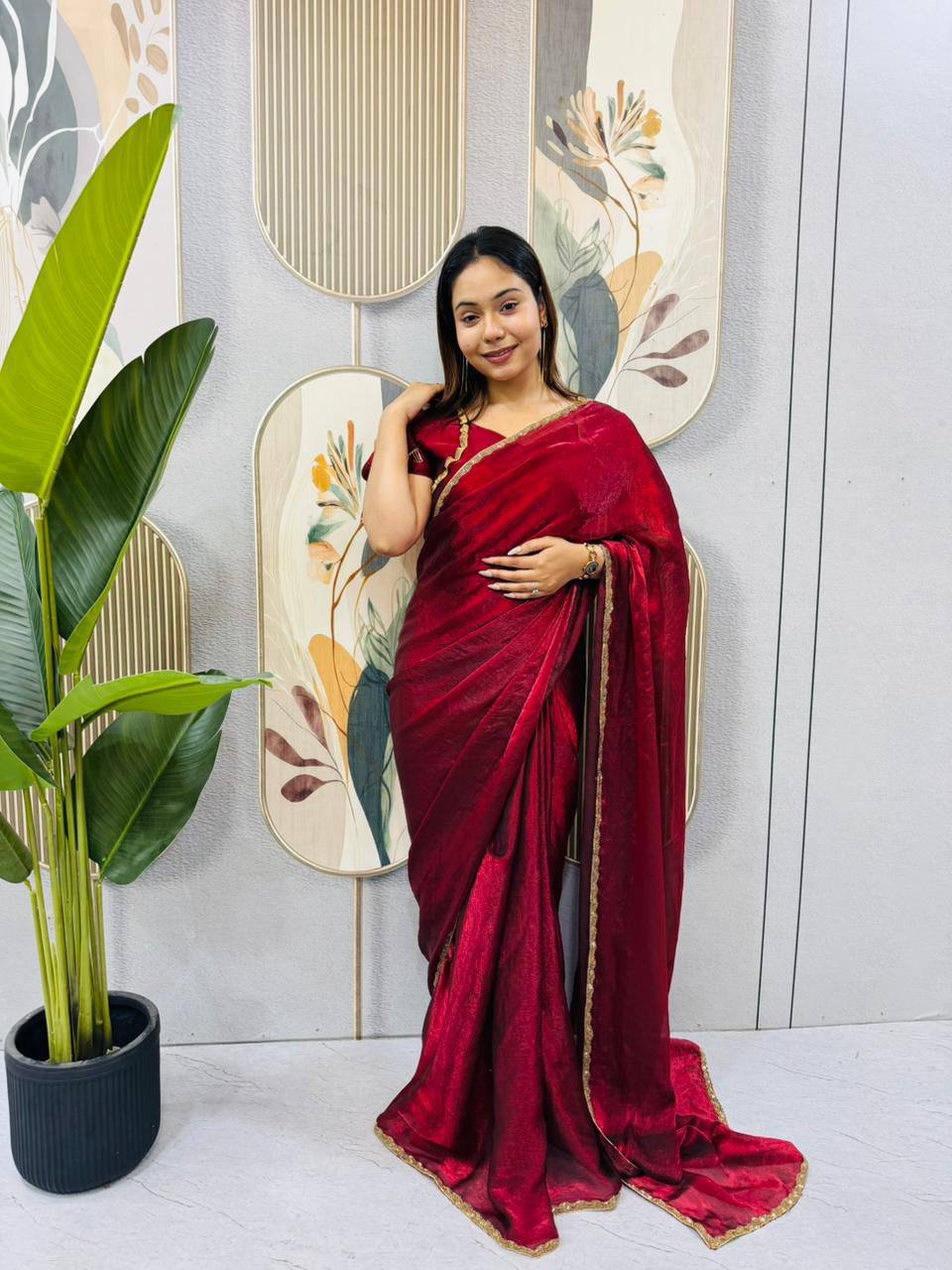 Two‑Tone Space Silk Gown Saree with Beads & Latkan Lace