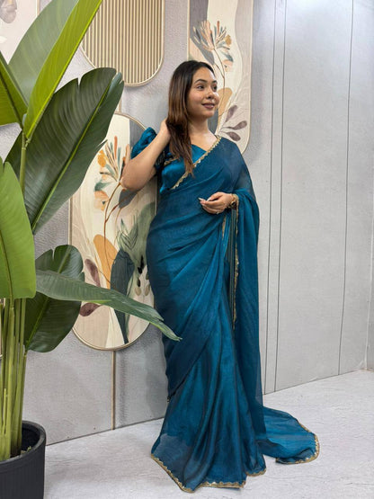 Two‑Tone Space Silk Gown Saree with Beads & Latkan Lace
