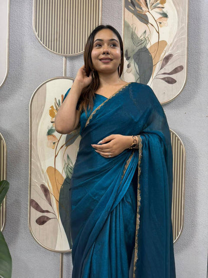 Two‑Tone Space Silk Gown Saree with Beads & Latkan Lace