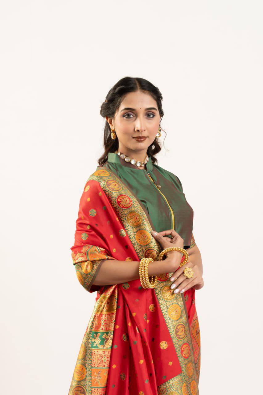 Banarasi Pashmina Soft Silk Saree – Barrat Weaving Pallu & Meena Traditional Border