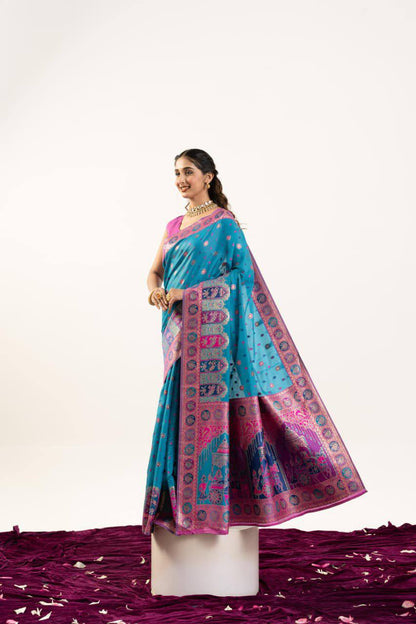 Banarasi Pashmina Soft Silk Saree – Barrat Weaving Pallu & Meena Traditional Border