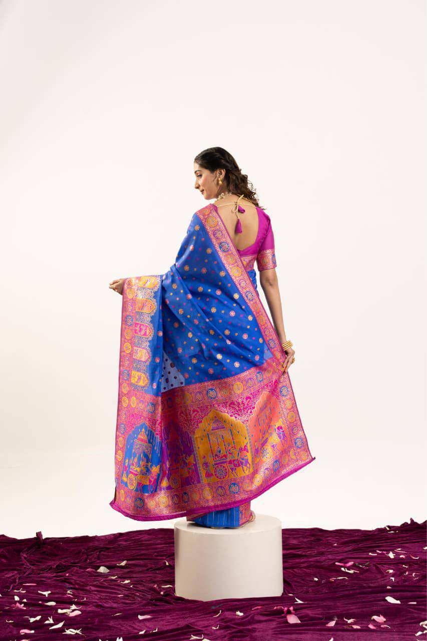 Banarasi Pashmina Soft Silk Saree – Barrat Weaving Pallu & Meena Traditional Border