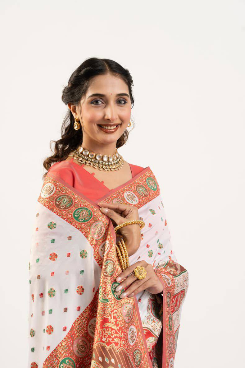 Banarasi Pashmina Soft Silk Saree – Barrat Weaving Pallu & Meena Traditional Border