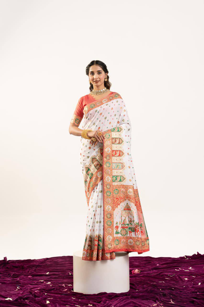 Banarasi Pashmina Soft Silk Saree – Barrat Weaving Pallu & Meena Traditional Border