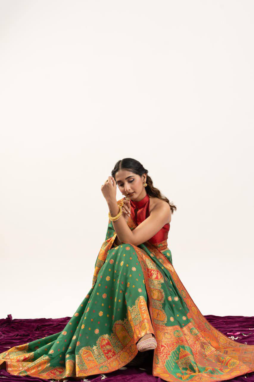 Banarasi Pashmina Soft Silk Saree – Barrat Weaving Pallu & Meena Traditional Border