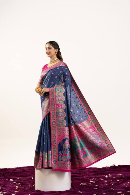 Banarasi Pashmina Soft Silk Saree – Barrat Weaving Pallu & Meena Traditional Border