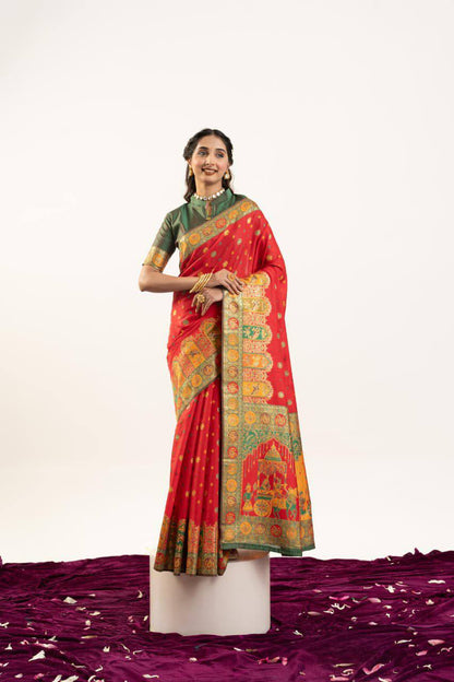 Banarasi Pashmina Soft Silk Saree – Barrat Weaving Pallu & Meena Traditional Border