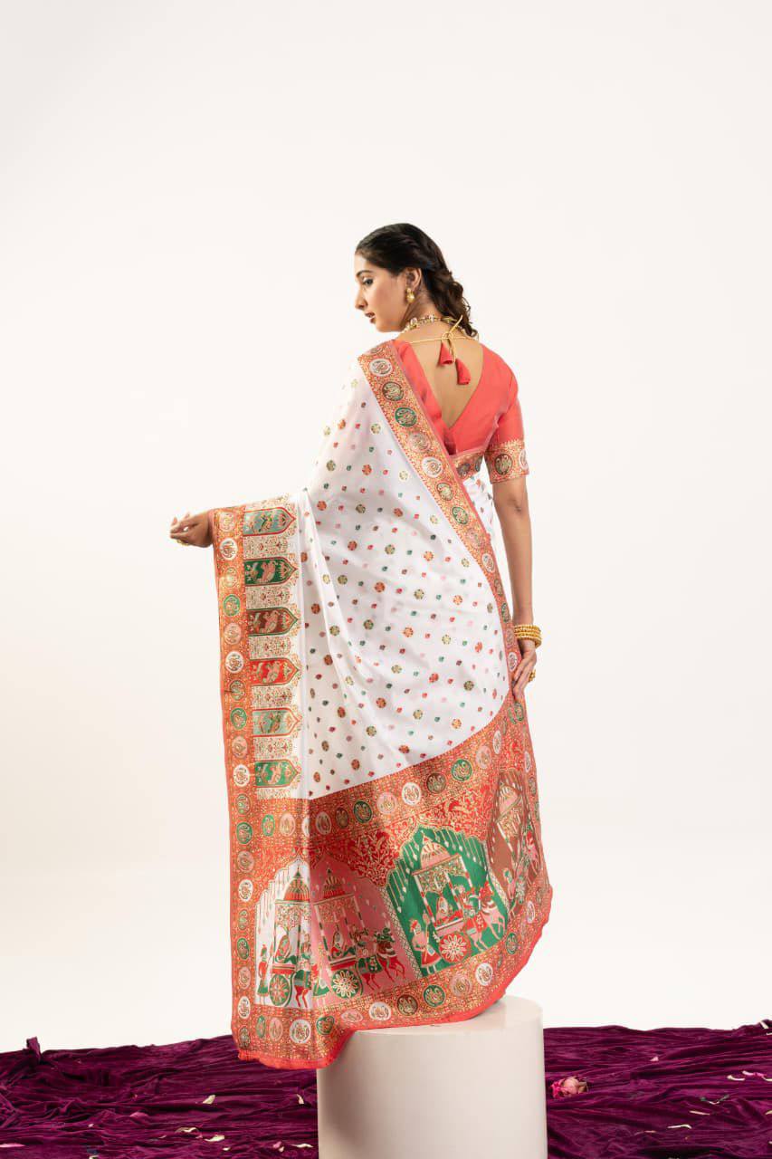 Banarasi Pashmina Soft Silk Saree – Barrat Weaving Pallu & Meena Traditional Border