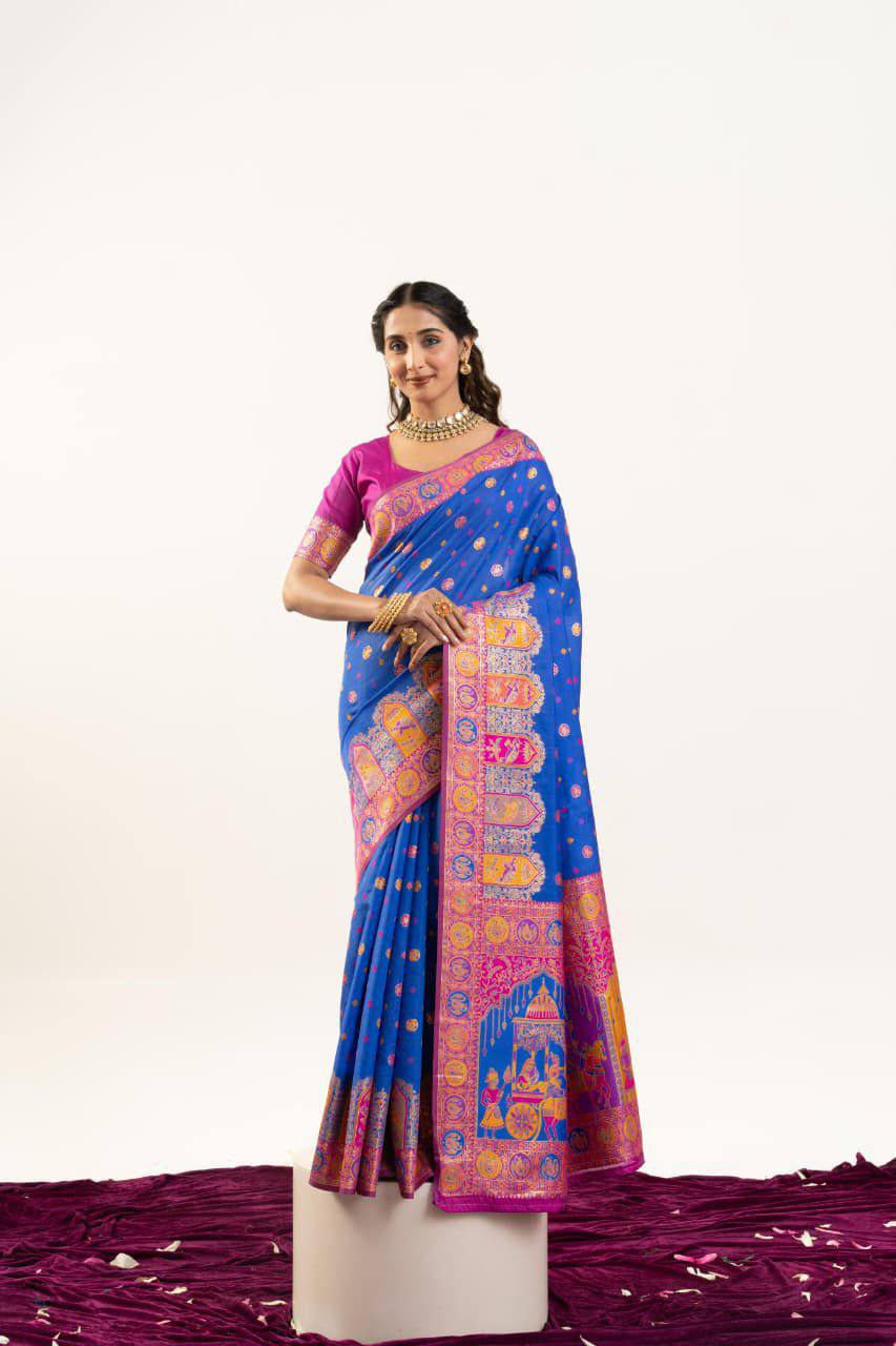 Banarasi Pashmina Soft Silk Saree – Barrat Weaving Pallu & Meena Traditional Border