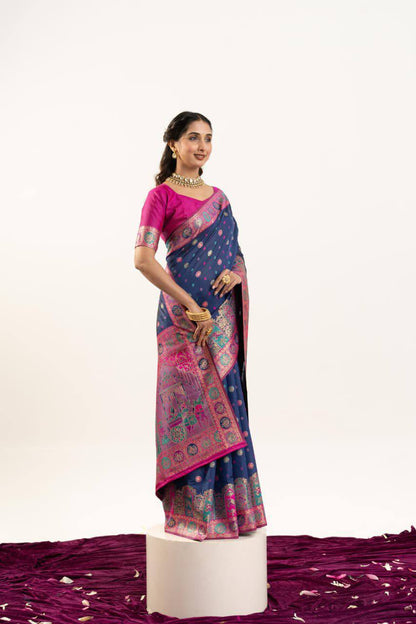 Banarasi Pashmina Soft Silk Saree – Barrat Weaving Pallu & Meena Traditional Border