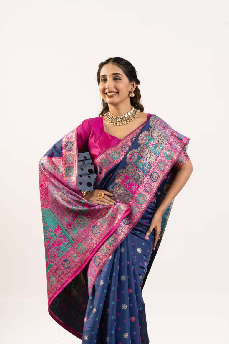 Banarasi Pashmina Soft Silk Saree – Barrat Weaving Pallu & Meena Traditional Border