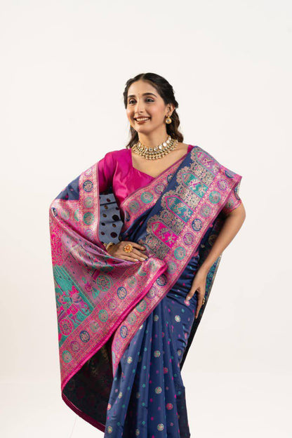 Banarasi Pashmina Soft Silk Saree – Barrat Weaving Pallu & Meena Traditional Border