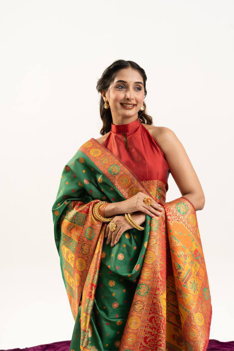 Banarasi Pashmina Soft Silk Saree – Barrat Weaving Pallu & Meena Traditional Border
