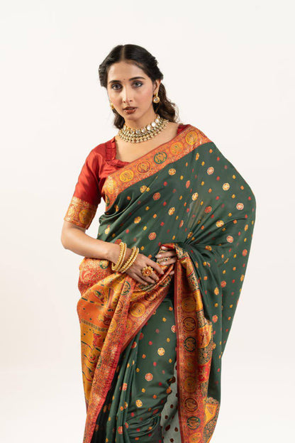 Banarasi Pashmina Soft Silk Saree – Barrat Weaving Pallu & Meena Traditional Border