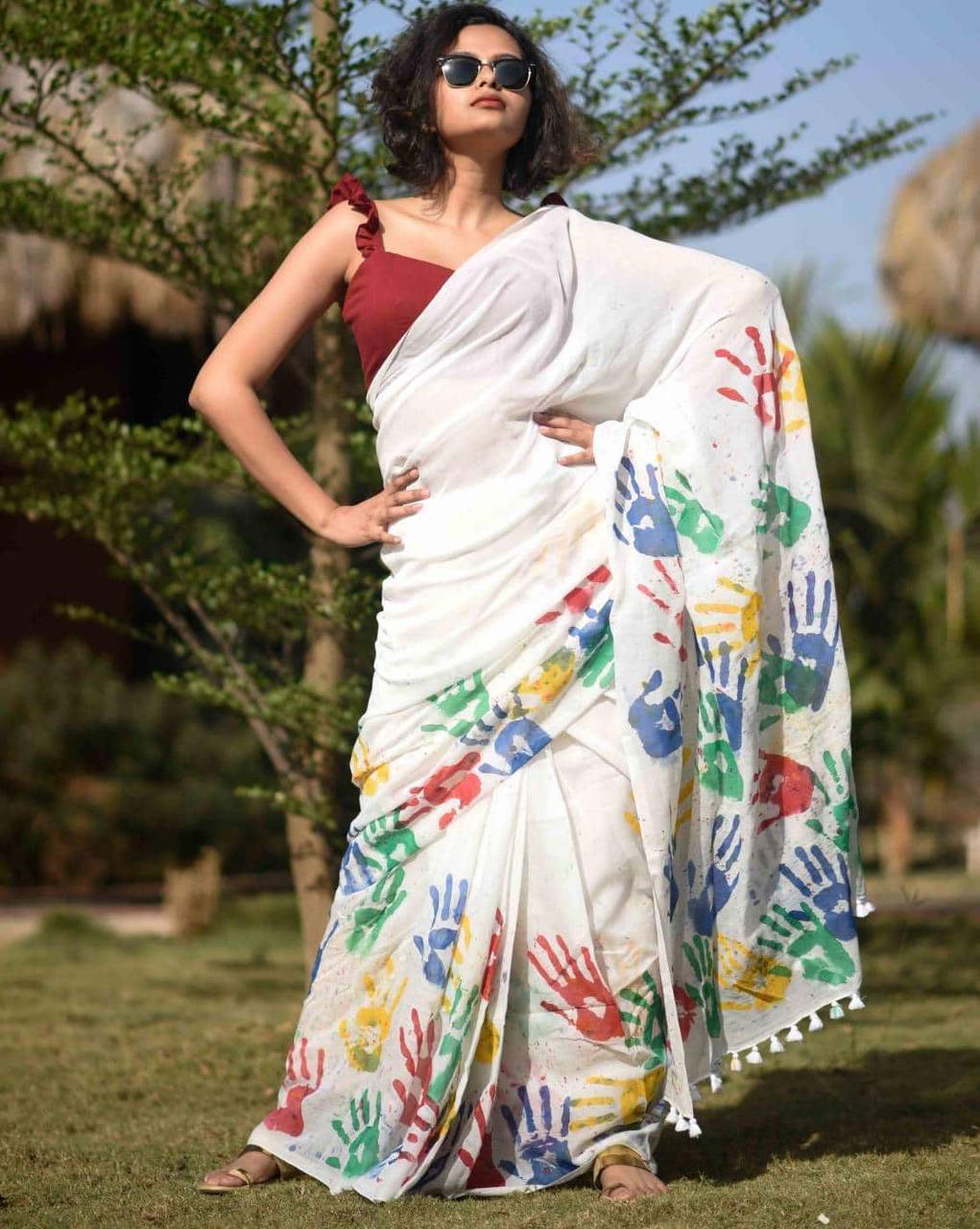 Soft Linen Saree – Digital Print with Banglori Satin Blouse