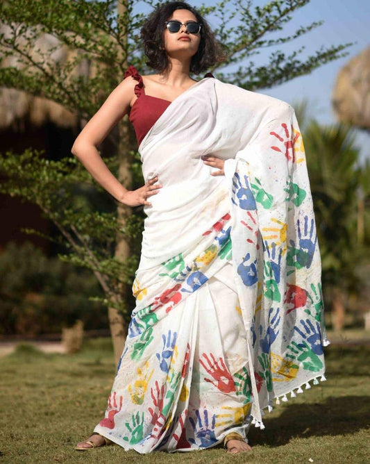 Soft Linen Saree – Digital Print with Banglori Satin Blouse