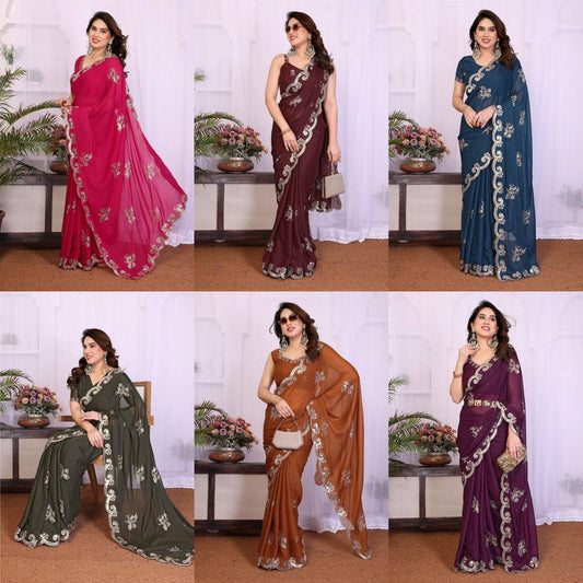 Exclusive Heavy Star Georgette Silk Saree – Sequins Embroidery Work with Matching Blouse