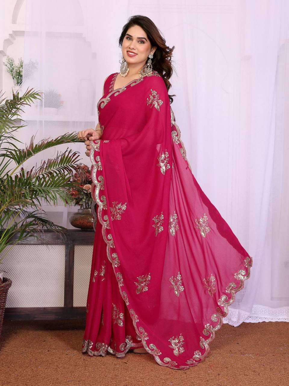 Exclusive Heavy Star Georgette Silk Saree – Sequins Embroidery Work with Matching Blouse