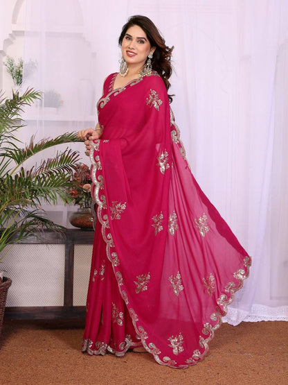 Exclusive Heavy Star Georgette Silk Saree – Sequins Embroidery Work with Matching Blouse