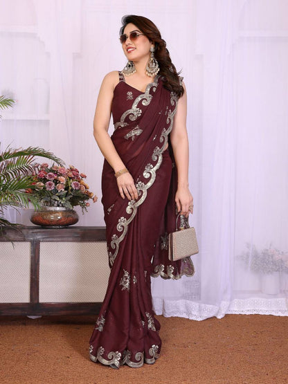 Exclusive Heavy Star Georgette Silk Saree – Sequins Embroidery Work with Matching Blouse