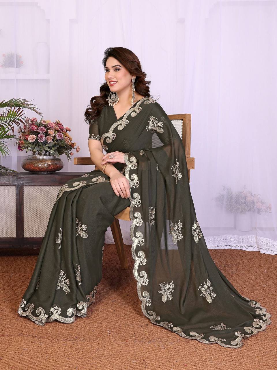 Exclusive Heavy Star Georgette Silk Saree – Sequins Embroidery Work with Matching Blouse