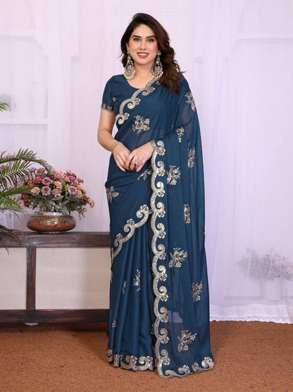 Exclusive Heavy Star Georgette Silk Saree – Sequins Embroidery Work with Matching Blouse