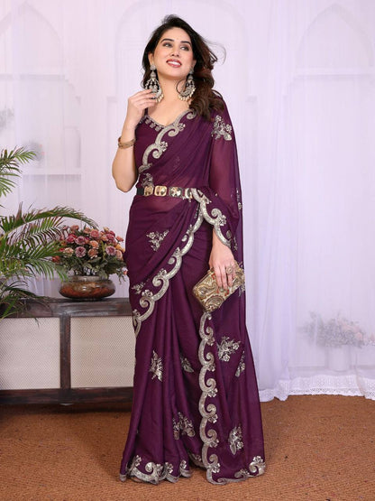 Exclusive Heavy Star Georgette Silk Saree – Sequins Embroidery Work with Matching Blouse