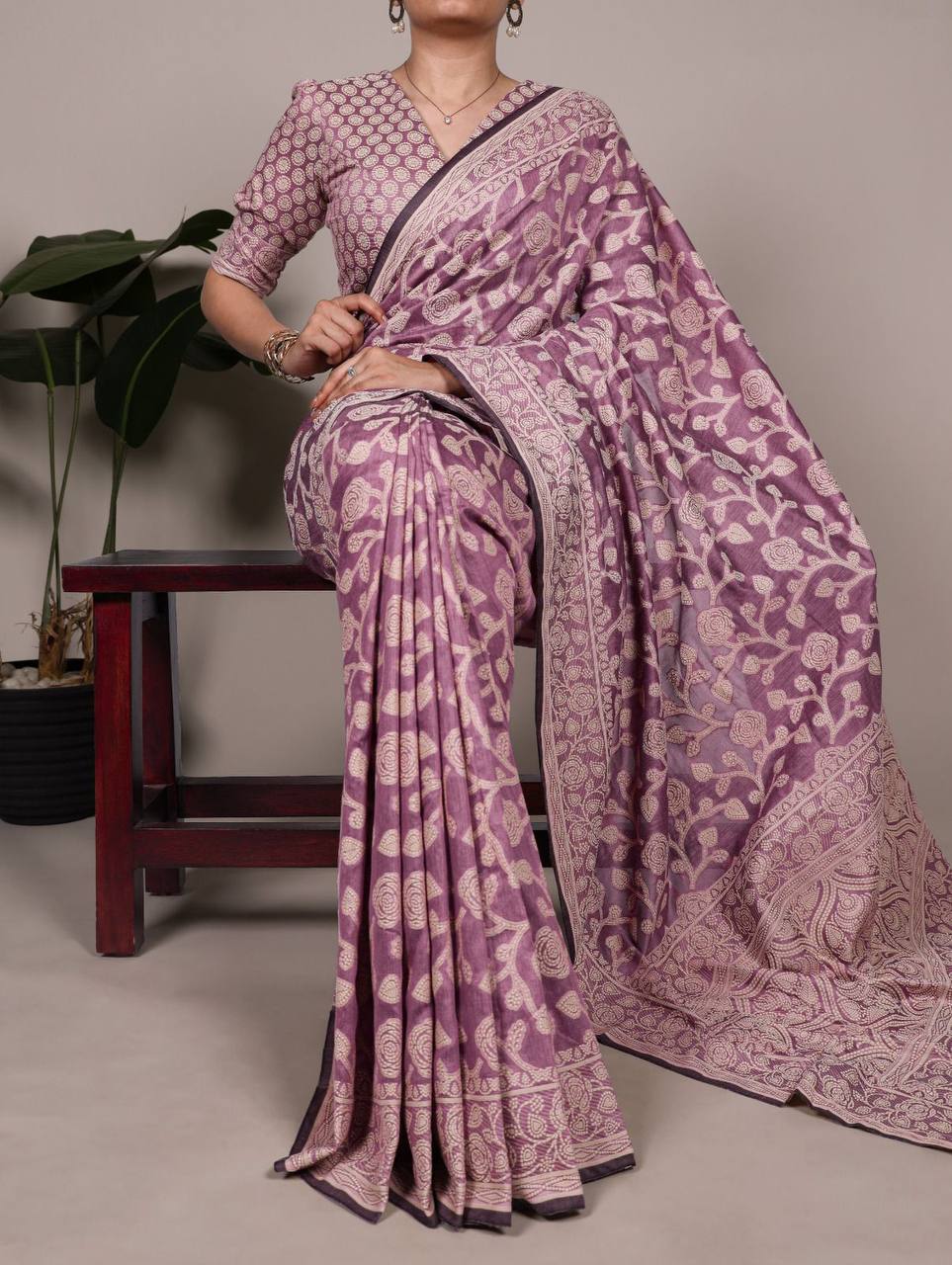 Cotton Silk Saree – Organic Flower Print with Matching Blouse