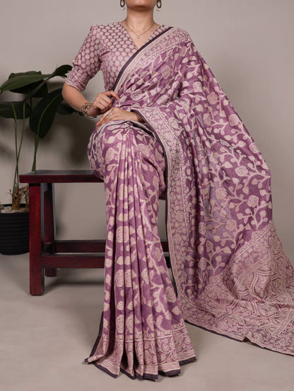 Cotton Silk Saree – Organic Flower Print with Matching Blouse