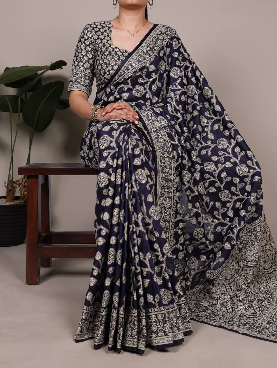 Cotton Silk Saree – Organic Flower Print with Matching Blouse