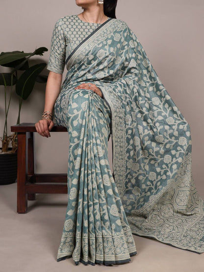 Cotton Silk Saree – Organic Flower Print with Matching Blouse