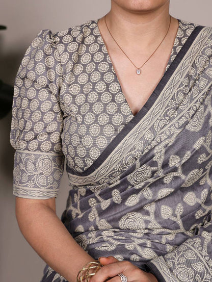 Cotton Silk Saree – Organic Flower Print with Matching Blouse
