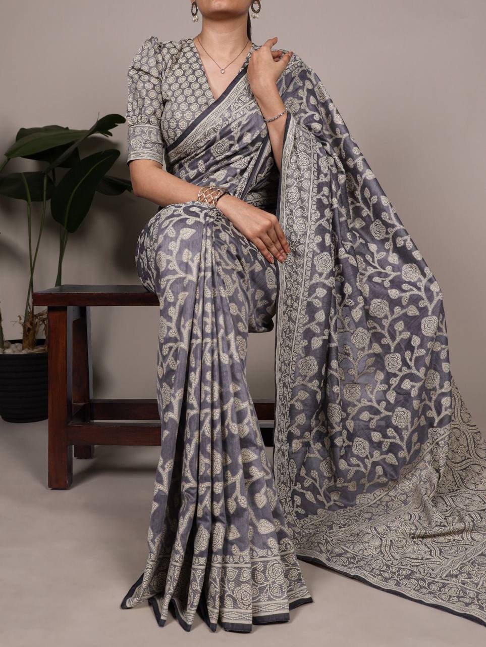 Cotton Silk Saree – Organic Flower Print with Matching Blouse