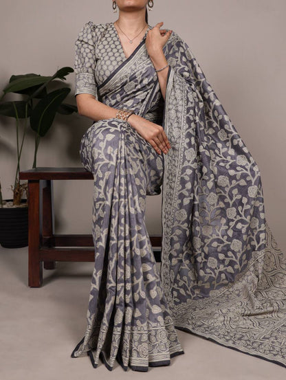 Cotton Silk Saree – Organic Flower Print with Matching Blouse