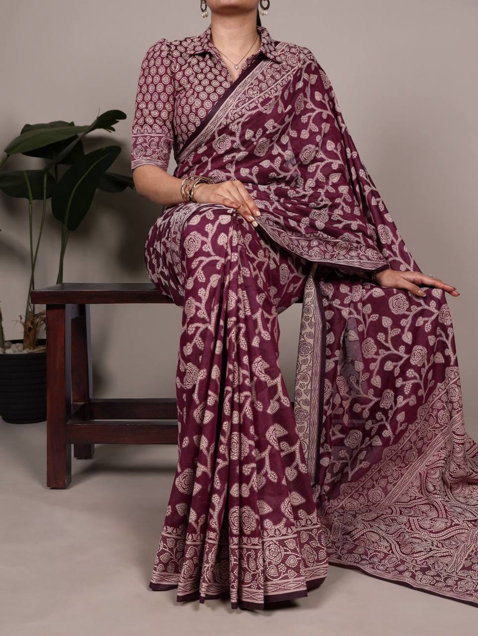 Cotton Silk Saree – Organic Flower Print with Matching Blouse
