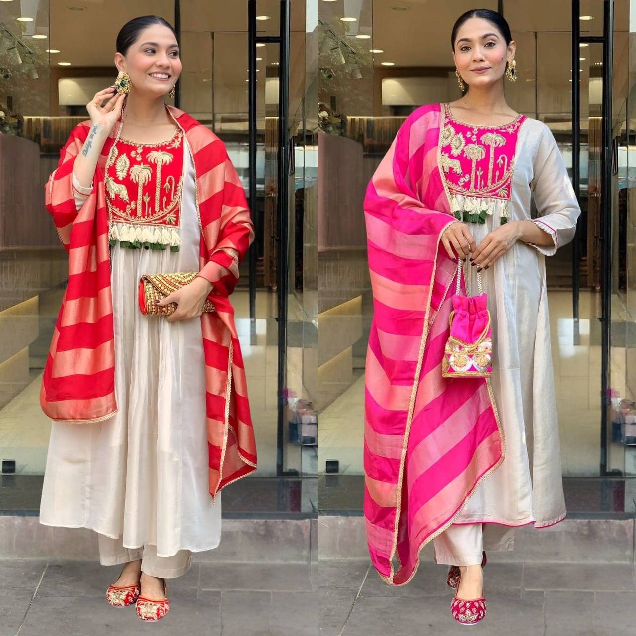 Two images of a woman wearing traditional outfits with red and pink shawls.