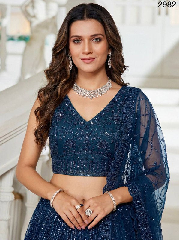 Blue Net Designer Lehenga Choli – Motif, Sequins & Thread Embroidery Work