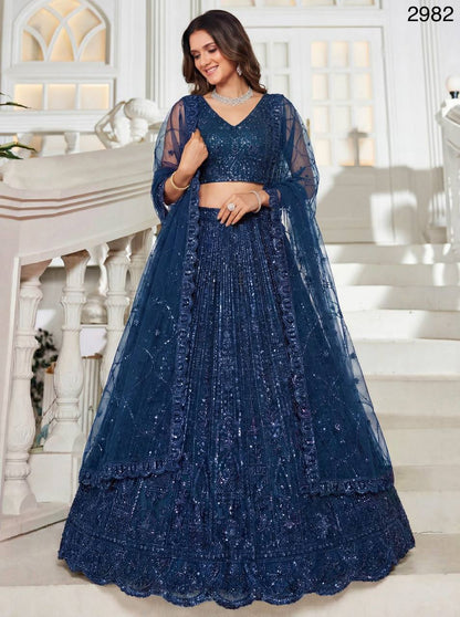Blue Net Designer Lehenga Choli – Motif, Sequins & Thread Embroidery Work