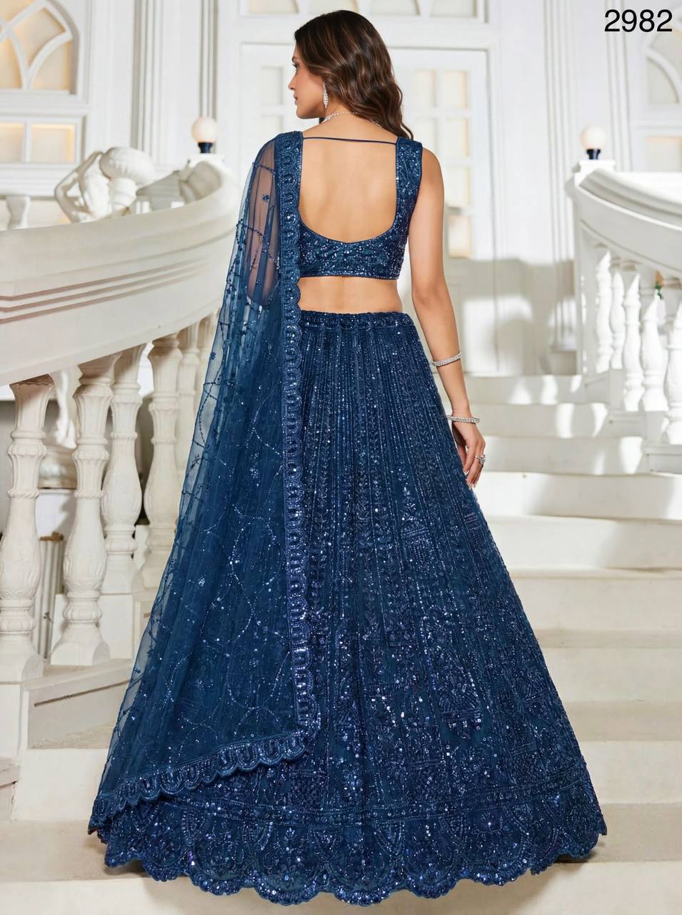 Blue Net Designer Lehenga Choli – Motif, Sequins & Thread Embroidery Work